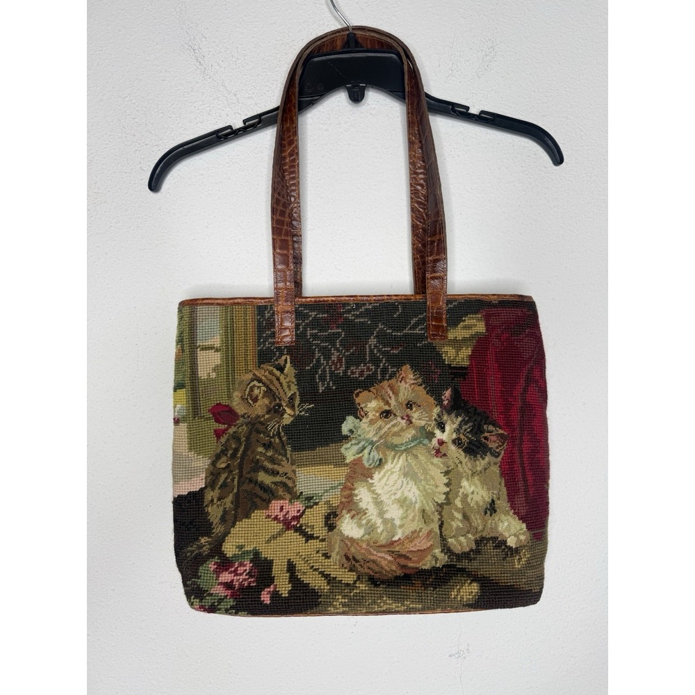 Vintage 1990s Cat Print Tapestry Tote Bag Leather Handles Clever Carriage Co. - Picture 1 of 9
